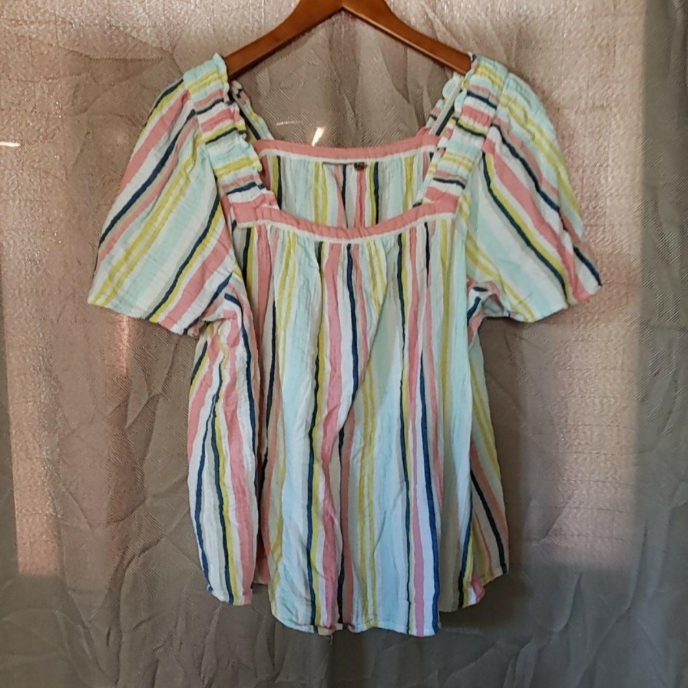 Blouse Womens Plus 1X Multicolor Square Neck Short Puff Sleeve Stripe Tunic Top